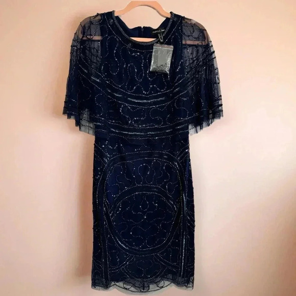 NWT Adrianna Papell Sparkle Beaded Mesh Popover Dress Cocktail Evening Navy Sz 4 - Picture 6 of 11